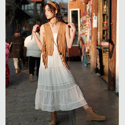 エスニックスタイル レトロな刺繍 レイヤ―ド タッセル 前開きの襟