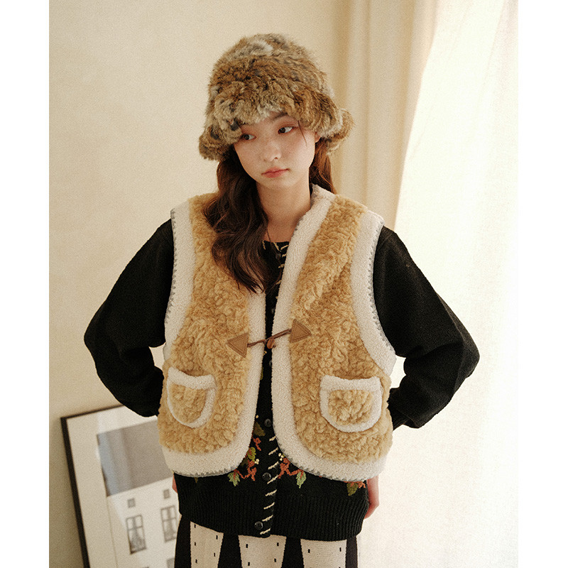 秋冬、羊のベストを重ねる、毛皮一体、ベスト、肩、レディース