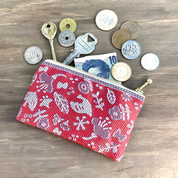 畳縁　硬幣錢包　名片夾　日式　小鳥和花　紅色的 第1張的照片