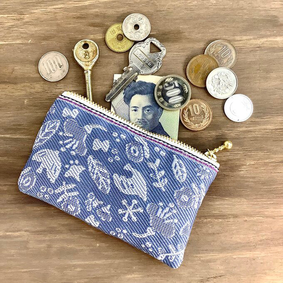 畳縁　硬幣錢包　名片夾　日式　小鳥和花　藍灰色 第1張的照片