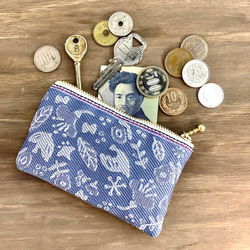 畳縁　硬幣錢包　名片夾　日式　小鳥和花　藍灰色 第4張的照片