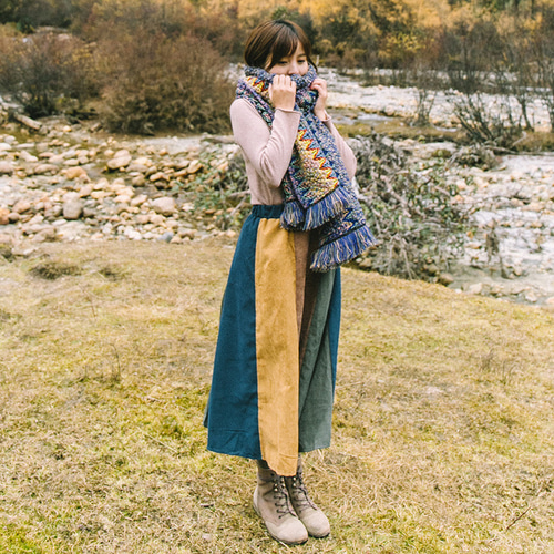 秋冬 ヴィンテージ カラーパッチワスカート 旅行ウェア ハイウエスト  