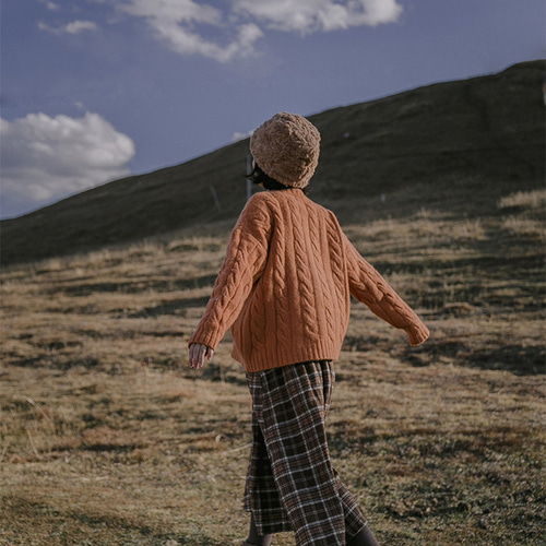 秋冬 ヴィンテージ チェック柄 ゆったり 大裾 純綿 Aラインロング