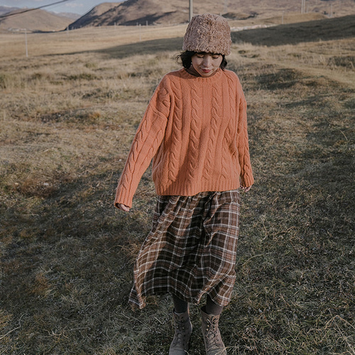 秋冬 ヴィンテージ チェック柄 ゆったり 大裾 純綿 Aラインロング