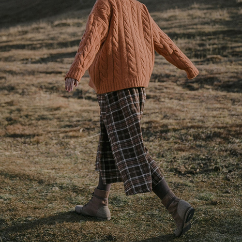 秋冬 ヴィンテージ チェック柄 ゆったり 大裾 純綿 Aラインロング