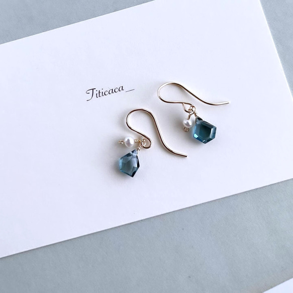 14kgf 宝石質ロンドンブルートパーズのピアス 淡水パール