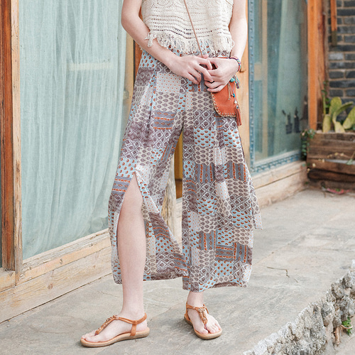 夏 海辺の休日の風ボヘミアン細い伸縮性ウエストスリットシフォン