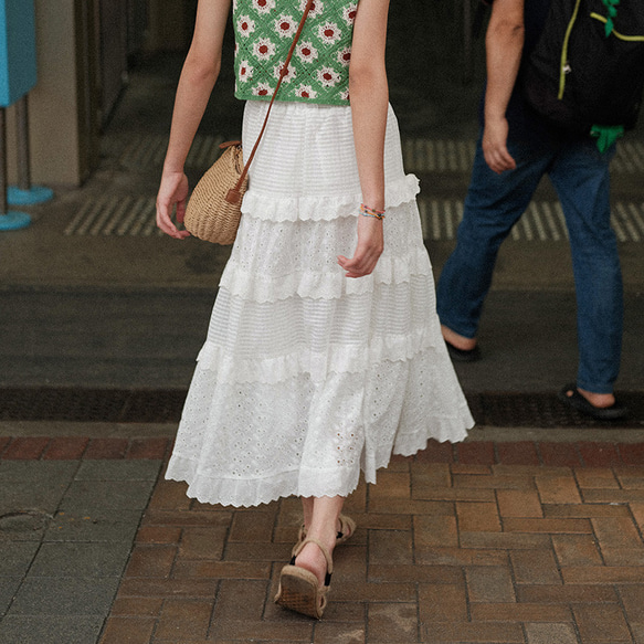 春夏 白いレースケーキスカート 女性のデザインセンスニッチAライン