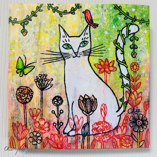 原画 北欧アート『猫と緑のお庭』 おしゃれ モダンアート 現代