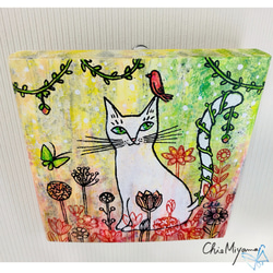 原画 北欧アート『花畑のお散歩』 おしゃれ モダンアート 現代アート ねこ cat 絵画  グリーン ピンク　花の絵 8枚目の画像