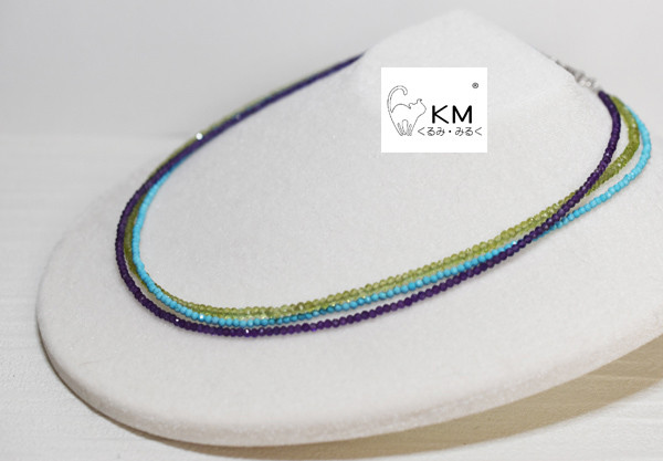 жSv925 天然石アメジスト/ペリドット/トルコ3連ネックレス43.5㎝