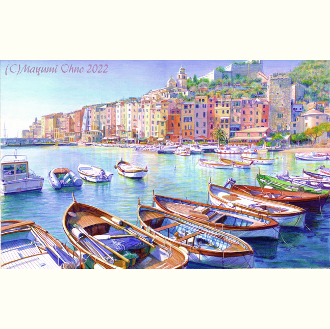 ポルトフィーノ ヨーロッパ　地中海　夕景　風景画　イタリア　絵画　額縁　写実 海 ポルトフィーノ ヨーロッパ地中海夕景風景画イタリア絵画額縁写実 海