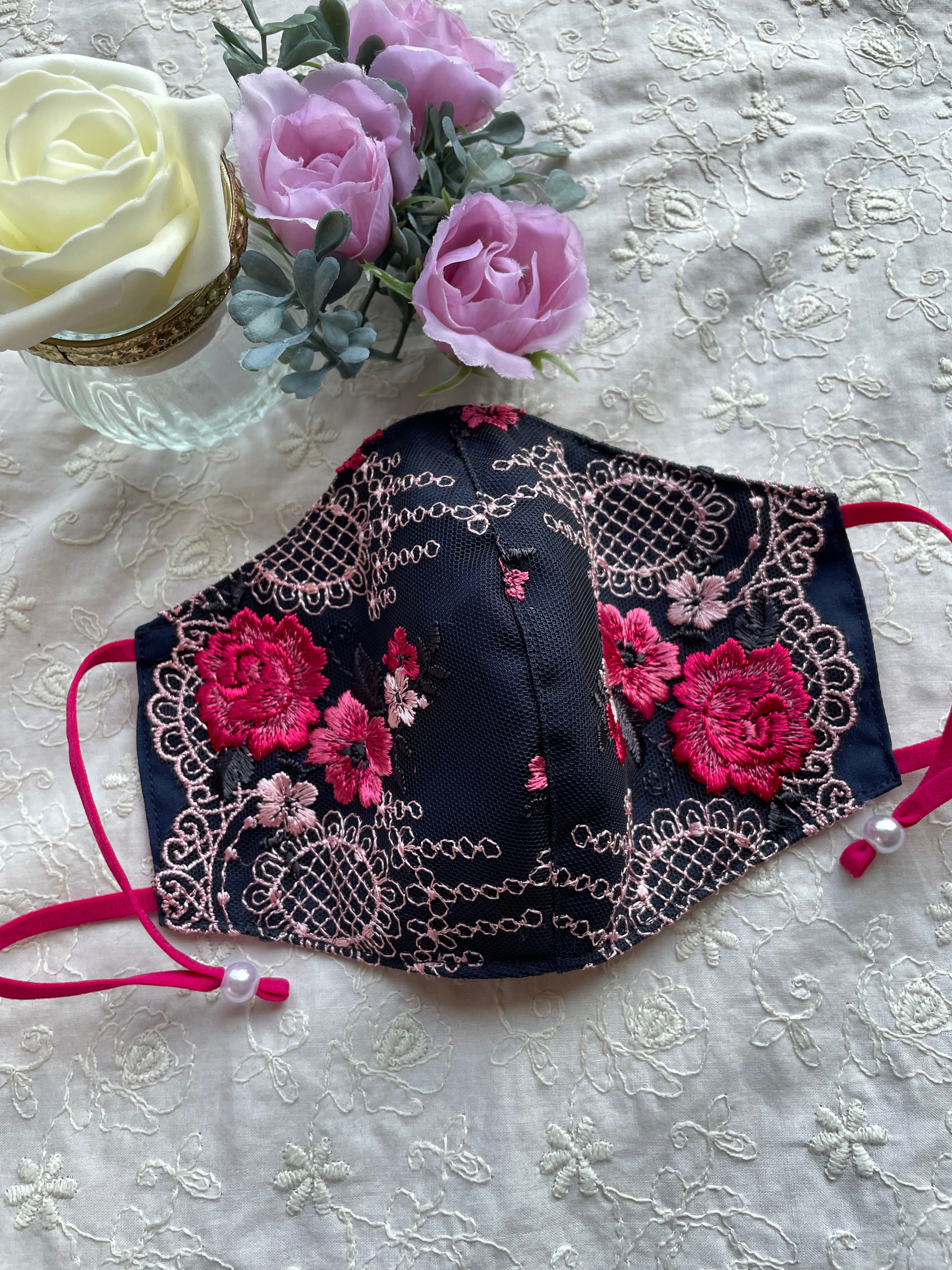 大人用インナーマスク♡白レース水色ピンク花刺繍/ピンク薔薇 厚かっ 