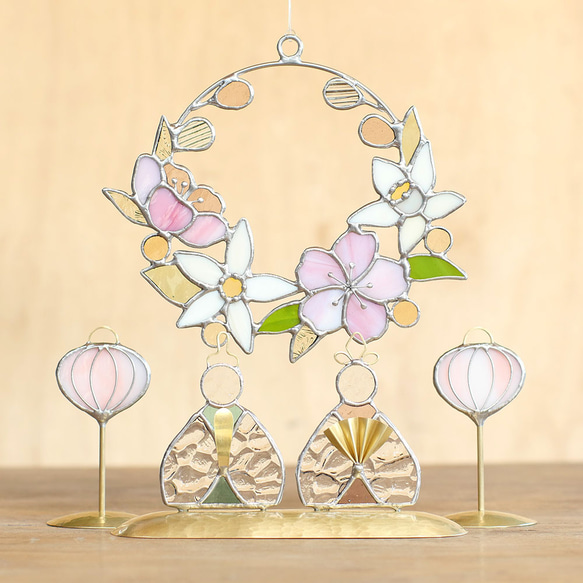 ステンドグラスのぼんぼり　2本セット　おひな様　ひな人形　真鍮ベース 5枚目の画像