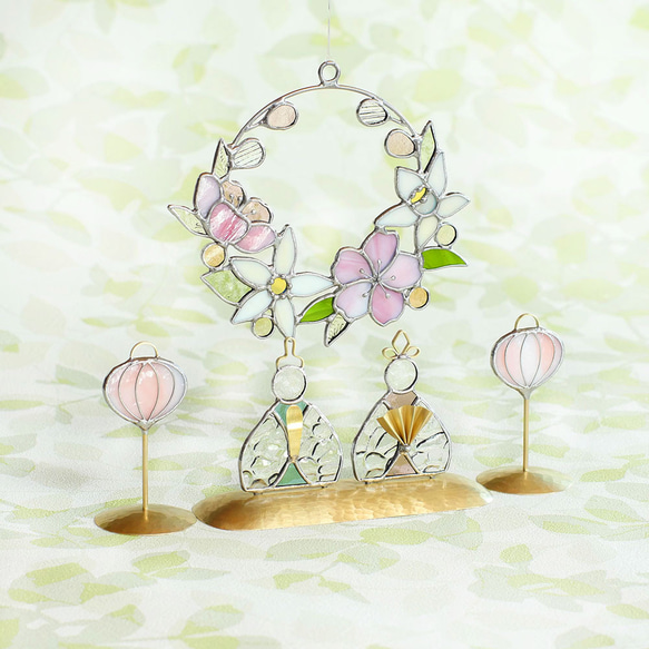 ステンドグラスのぼんぼり　2本セット　おひな様　ひな人形　真鍮ベース 6枚目の画像