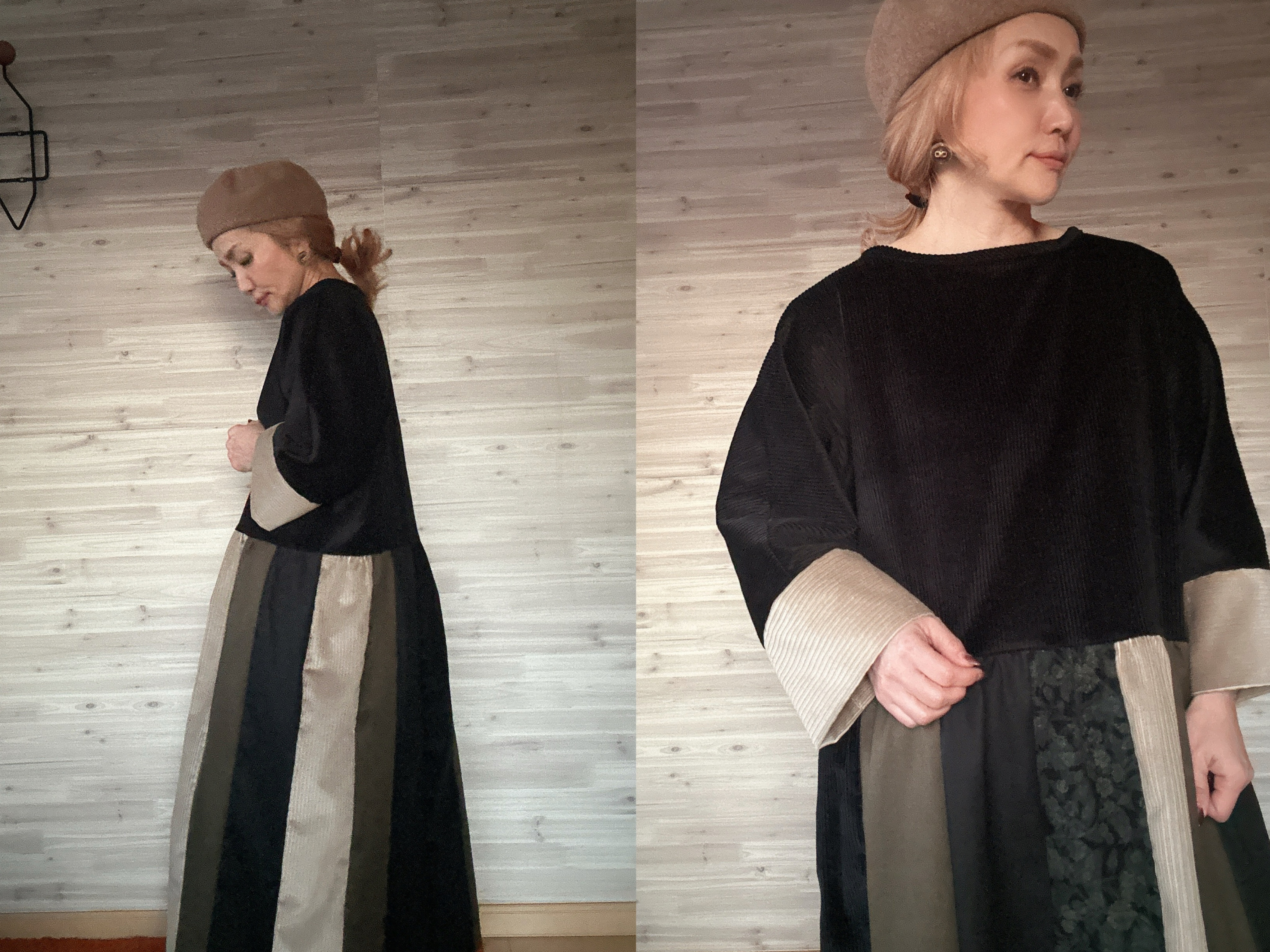 a.myu冬の一枚でキマる♪黒ベージュパッチワーク♪フリーサイズワンピース