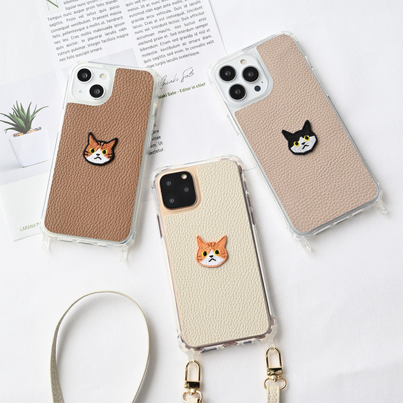 リアケース クリア 【 simple ワッペン 猫 】 刺繍 スマホケース スマホショルダー くすみカラー A244I 1枚目の画像