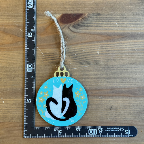 手描き一点もの☆クリスマスオーナメント☆ネコラブ・ミントグリーン