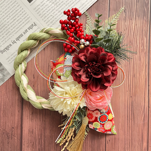 No.600 赤い実いっぱいしめ縄リース2024 ハンドメイドお正月飾り