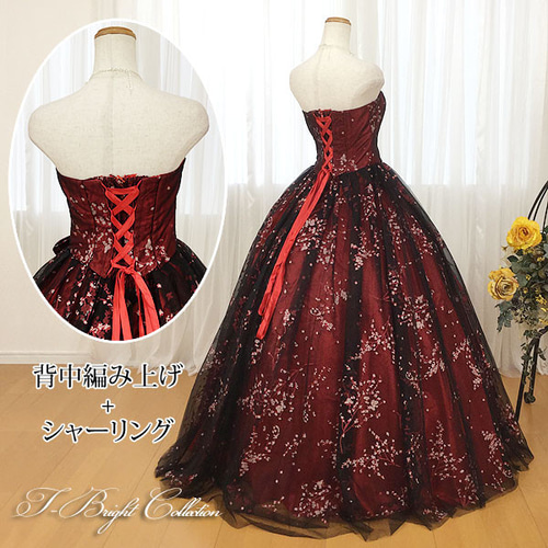 カラードレス 花柄 ワインレッド×ブラック 結婚式 演奏会 前撮り