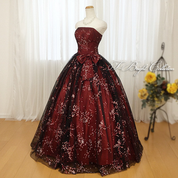 カラードレス 花柄 ワインレッド×ブラック 結婚式 演奏会 前撮り二次会  