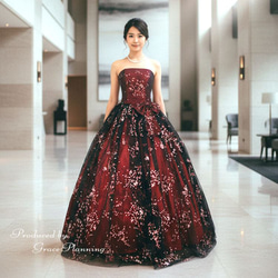 花柄の生地に フリルにリボンがゴージャスなイブニングドレス マーメイド/フラワーレース/オフショルデザイン/フリル/谷間見せ