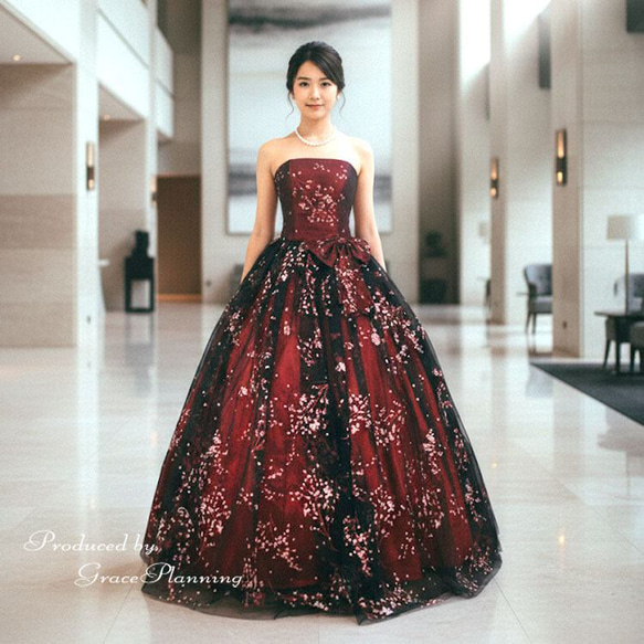 カラードレス　結婚式　披露宴　前撮　二次会　演奏会　舞台衣裳　花柄 カラードレス 花柄 ワインレッド×ブラック 結婚式 演奏会 前撮り二次会