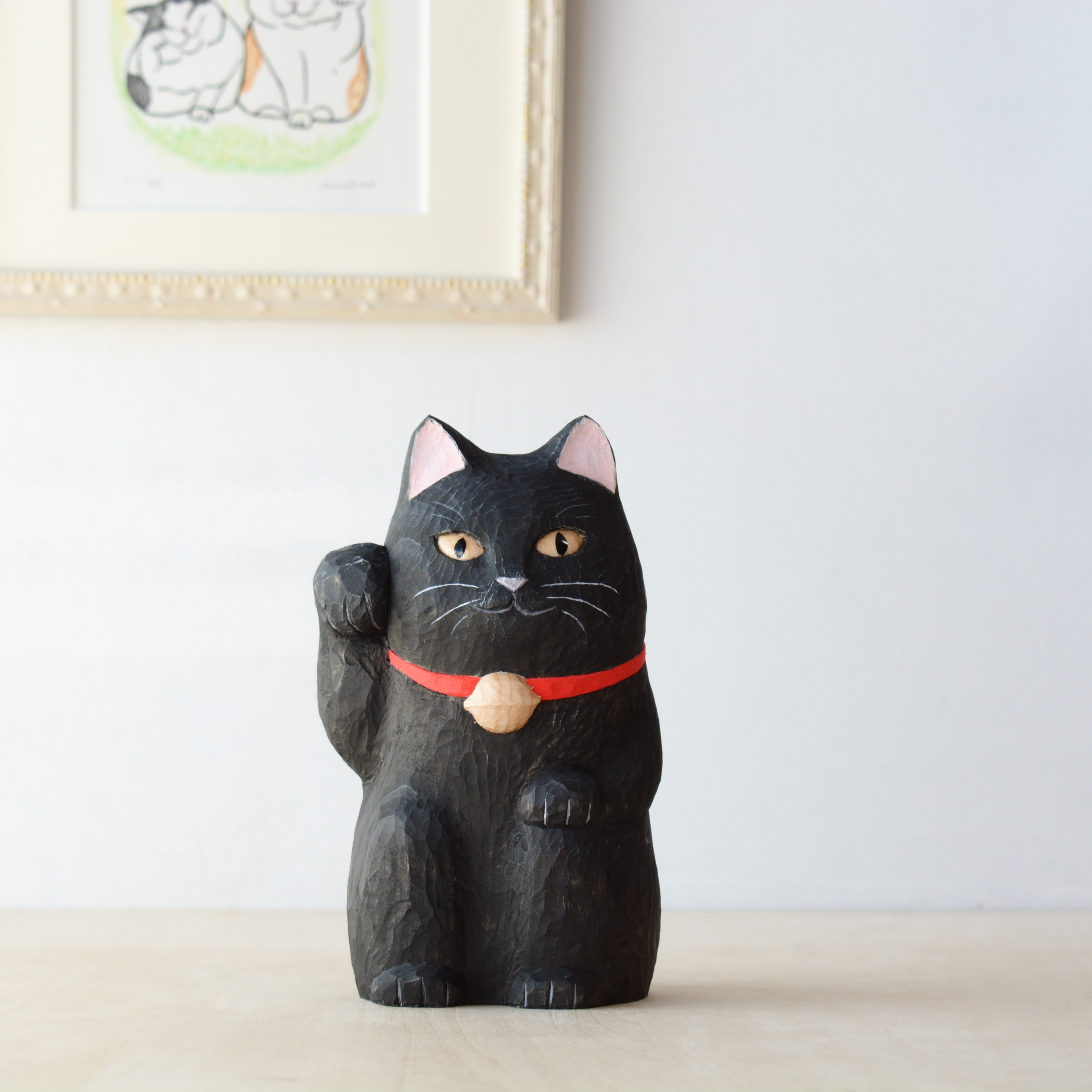 送料無料 古美術 可愛い招き猫 高級柘植木彫り 縁起物 置物
