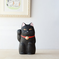 木彫『招き猫・黒』【送料無料】箱付き 1枚目の画像