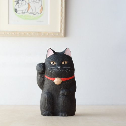 木彫『招き猫・黒』【送料無料】箱付き 彫刻 木葉悦 通販 木彫『招き猫・黒』【送料無料】箱付き 彫刻 木葉悦 通販