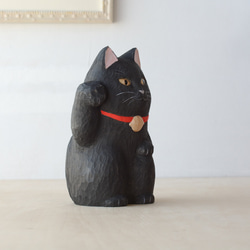 木彫『招き猫・黒』【送料無料】箱付き 8枚目の画像