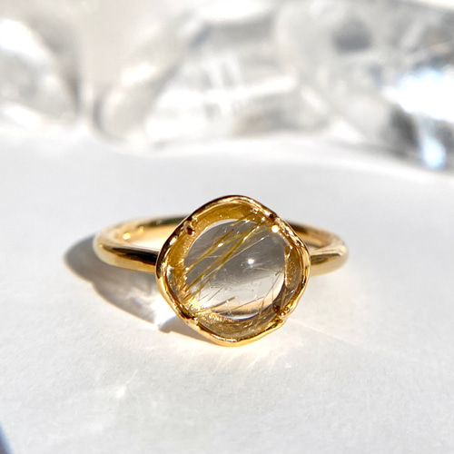 ルチルクォーツの手作りリング 天然ルチルクォーツリング 11号 原石から磨いた1点ものジュエリー