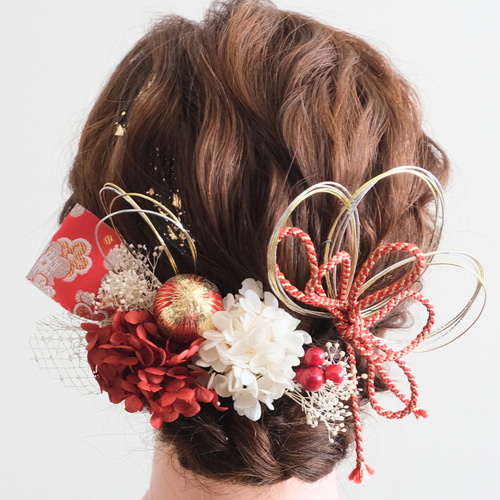 ドライフラワー髪飾り レッド×オレンジ 【マルーン】 成人式髪 ｜ヘアピン 