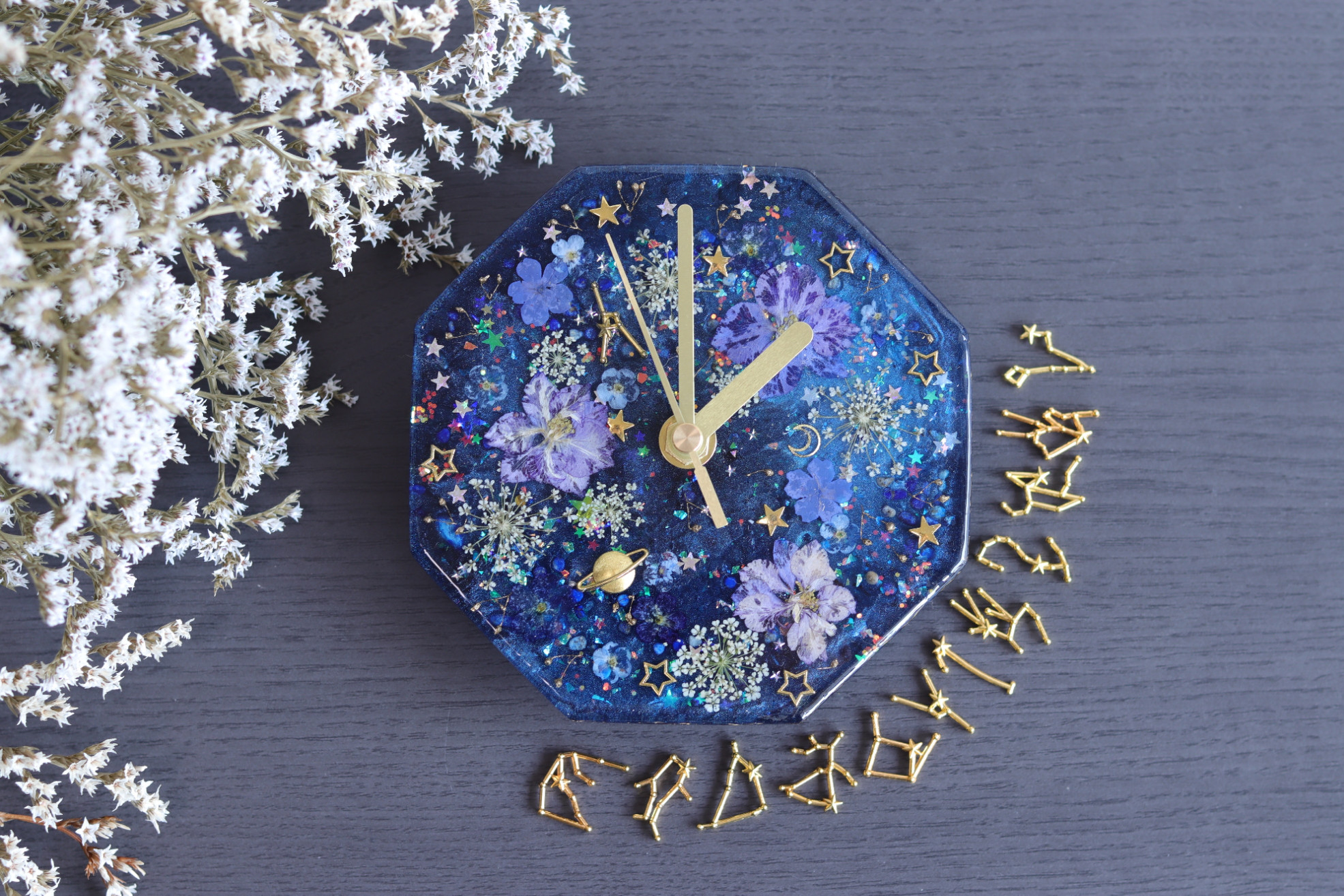 「選べる星座」“満天の星空”の時計＊プリザーブドフラワー&ドライフラワー＊固まるハーバリウム