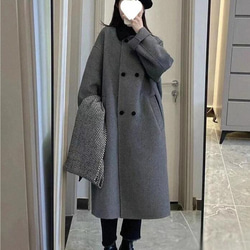 灰色の両面カシミヤコート女性の秋冬の新韓版ぶつかり色の人形の襟の2列のボタンの毛のコートの潮 4枚目の画像