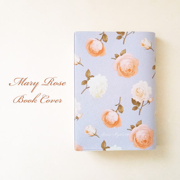 【デビューSALE】ブックカバー Mary Rose ブルー＆ピンク 読書 文庫 A6 ほぼ日手帳 花 ローズ 合皮 1枚目の画像