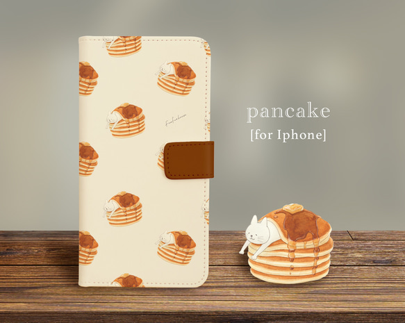 【iPhone専用】ネコぱんとパンケーキの手帳型スマホケース 1枚目の画像