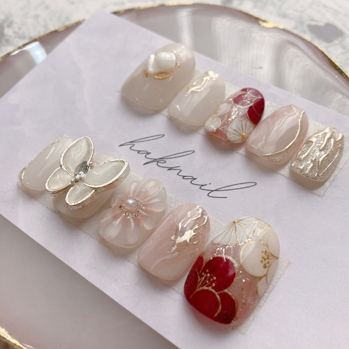 No.195 ぷっくりフラワー ニュアンス 梅 和柄 赤 着物 前撮り 振袖  