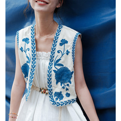 夏 民族風 リゾートスタイル 花の刺繍 ノースリーブ 開襟 ベスト