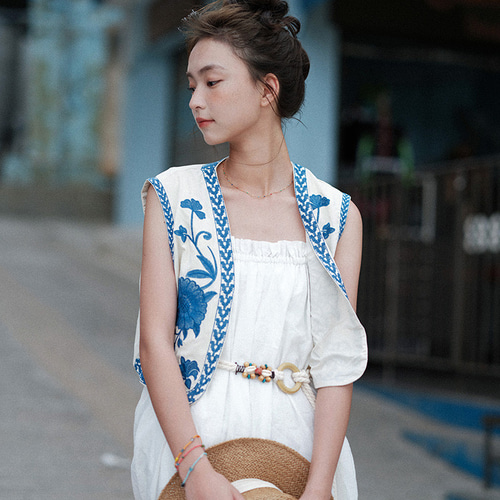 夏 民族風 リゾートスタイル 花の刺繍 ノースリーブ 開襟 ベスト