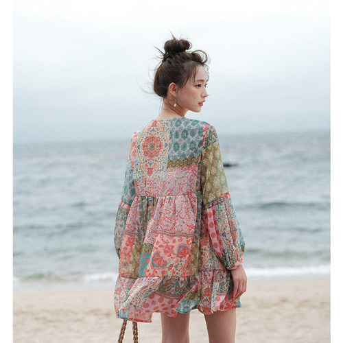 手作りハンドメイドパッチワーク両面立体刺繍藤紫陽花ワンピース 浸
