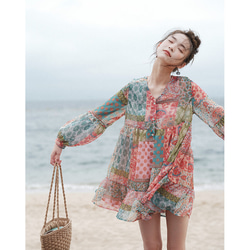 Since Then 上品 長袖 花柄プリント ドレス シフォン ワンピース Since Then 上品 長袖 花柄プリント ドレス シフォン ワンピース
