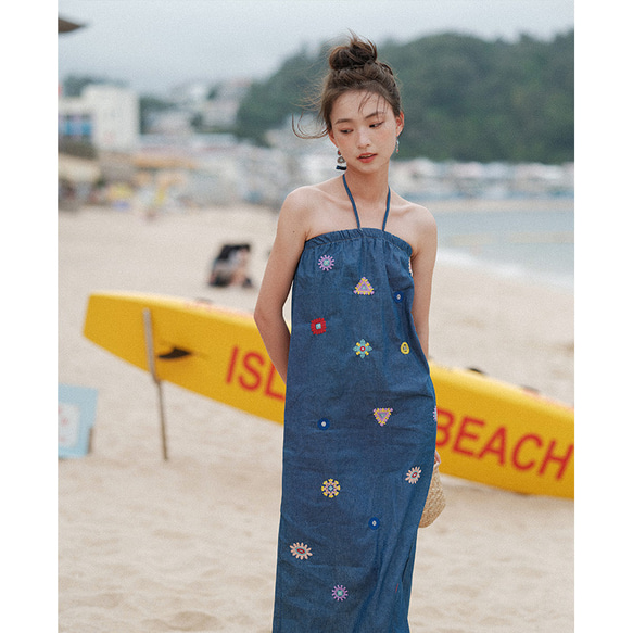 夏 刺繍 デニムワンピース セクシー バックオープン ジャンワンピース