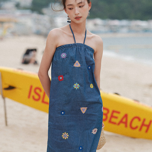 夏 刺繍 デニムワンピース セクシー バックオープン ジャンワンピース