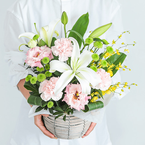 お供え花・仏花】アレンジメント「レェーヴ ホワイトピンク」ユリ