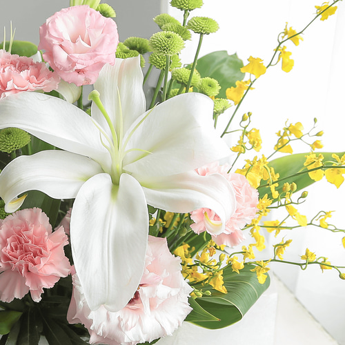 お供え花・仏花】アレンジメント「レェーヴ ホワイトピンク」ユリ