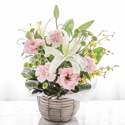 お供え花・仏花】アレンジメント「レェーヴ ホワイトピンク」ユリ