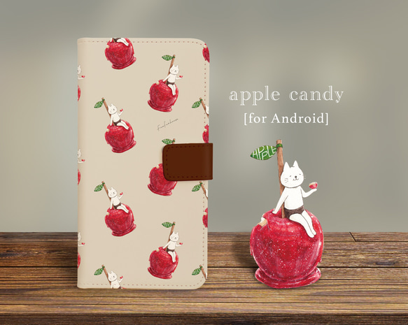 【Android専用】ネコぱんとりんご飴の手帳型スマホケース 2枚目の画像