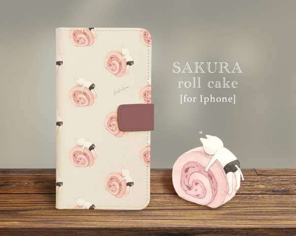 【iPhone専用】ネコぱんと桜ロールケーキの手帳型スマホケース 1枚目の画像