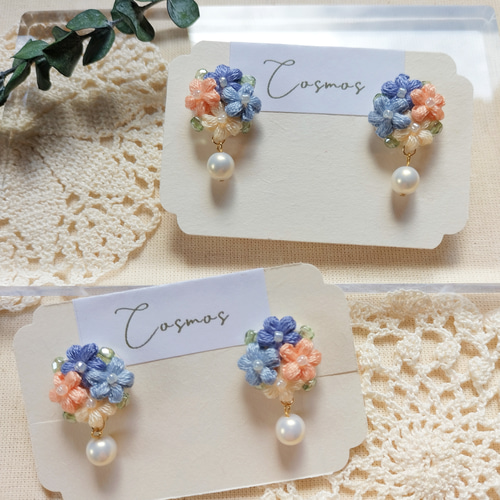 ちいさな花束とパールNo.3/刺繍糸イヤリング・ピアス/ガラスビーズ 
